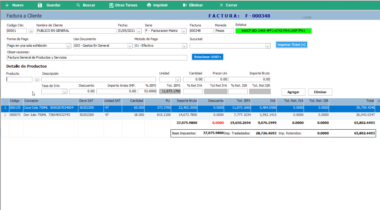 Pantalla facturación SIPPE