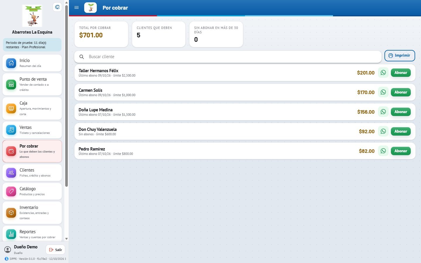 Cuentas por cobrar y abonos de clientes en SIPPE Web Lite